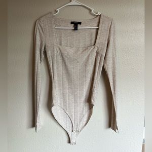 Forever 21 Cream Long Sleeve Ribbed Bodysuit | Size Small